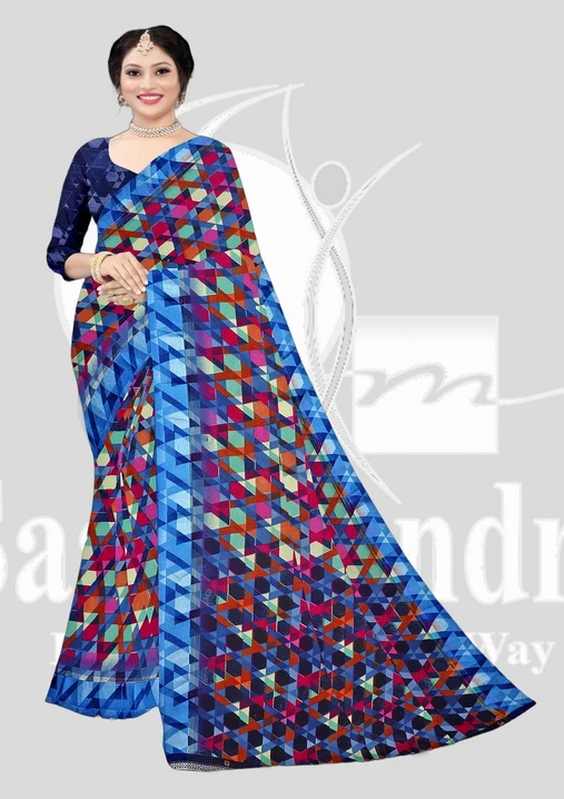 Wetless Printed Saree with Lace - Kdambari - Blue Mix
